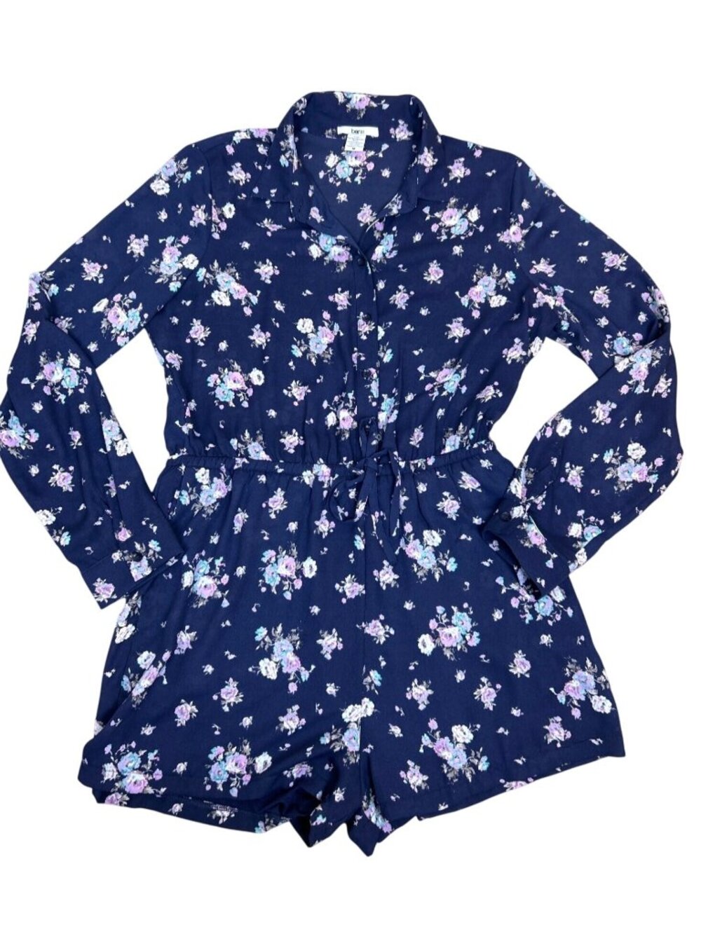 Bar III Romper Sz M Navy Pink Floral Sheer Long Sleeve Front Tie Cottagecore